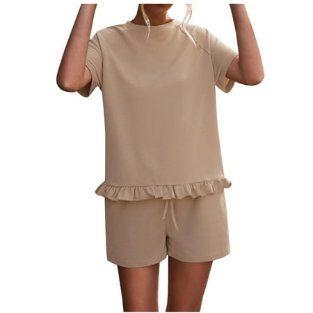 

Summer Jumpsuit Shorts Women s Rompers Short Sleeve Solid Color Drawstring Short Pants Pajamas Loungewear with Pockets (M Khaki-G)