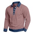 thumbnail image 2 of Men's Button Placket Polo Shirts Long Sleeve Lapel Collar Pullover Color Block Denim Splicing Skin Friendly Relaxed Fit Leisure Tee Watermelon Red S, 2 of 8