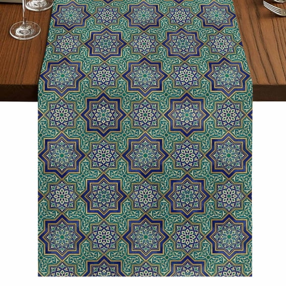 Table Runners 70 Inches Long Dress Scarves, Green Mediterranean Farmhouse Coffee/Dining/Kitchen Table Decor, Holiday Table Runner, Vintage Abstract Geometric Floral Texture 13x70 Inch