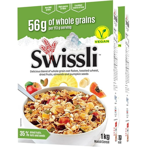 Swissli Muesli 1kg - 35% Fruit & Nut - Pack of 2 - Non GMO Grains / Vegan Cereal