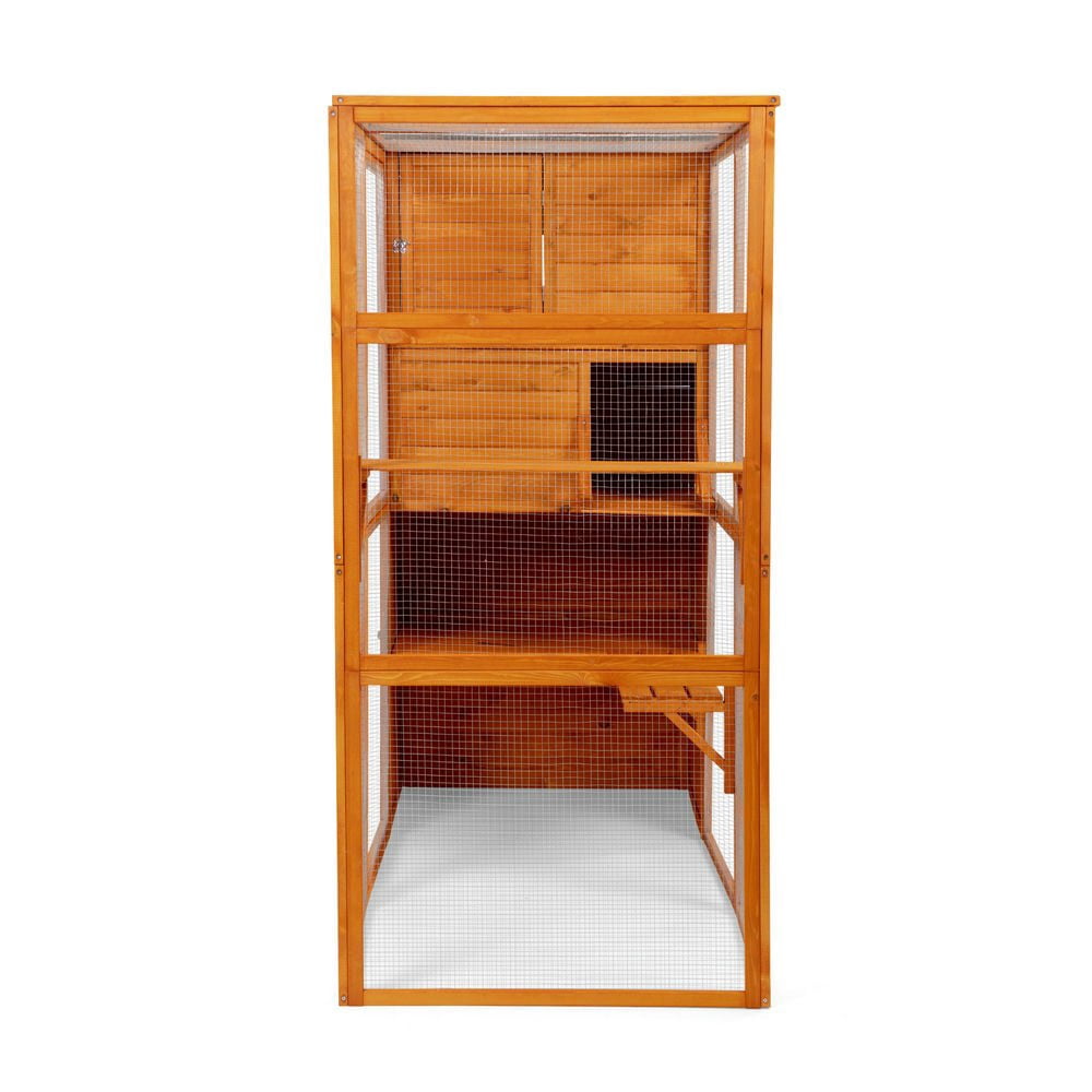 Resenkos Tall 70" Outdoor Cat Catio, 4-Level Windowed Cat Enclosure, Weatherproof Roof, 2 Cozy Rooms, 2 Platforms, Orange With Colorful Patterns