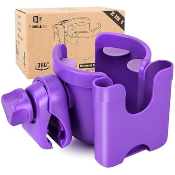 ZCUniversal Stroller Cup Holder with Mobile Phone Case, 2-in-1 Strollers Storage Rack, 360 Degrees Rotation Drink Holder for Bike, Pushchair, Wheelchair, Walker,Bicycle, Fits Most Cups (Purple)