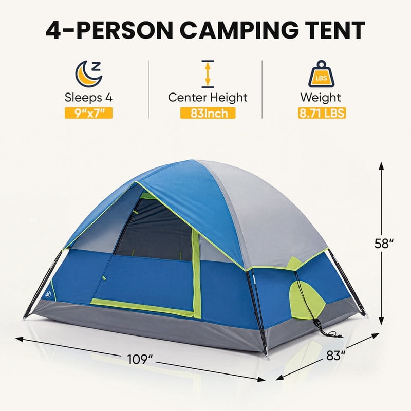 Gianna 4 Person Waterproof Camping Tent with Rainfly, Easy Setup Dome Tent with Mesh Windows & Skylights, Lightweight Portable Tent for Outdoor Camping, Festivals & Backyard, Blue