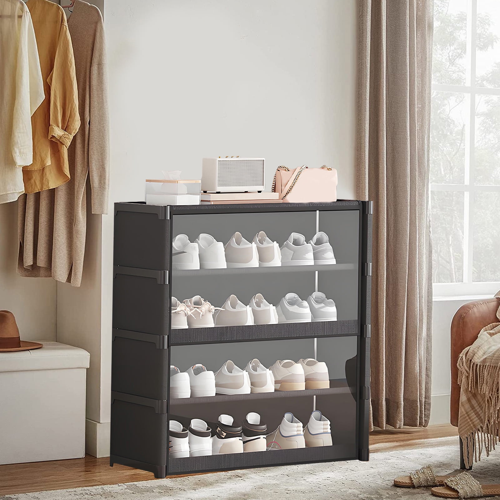 Ycandiee Shoe Cabinet, 4 Tier, shoe Storage, vertical Shoe Rack For Small Spaces, Tall Narrow Shoe Cabinet Organizer For Closet Entryway, free Stacking, Free Design To Save Space Shoe Shelf
