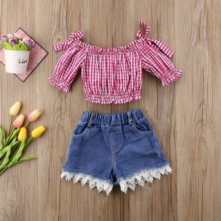 

2pcs Plaid Tops+Denim Shorts Lace Checked Crop Tank T Shirt Off-Shoulder Outfit Elastic Bodysuit