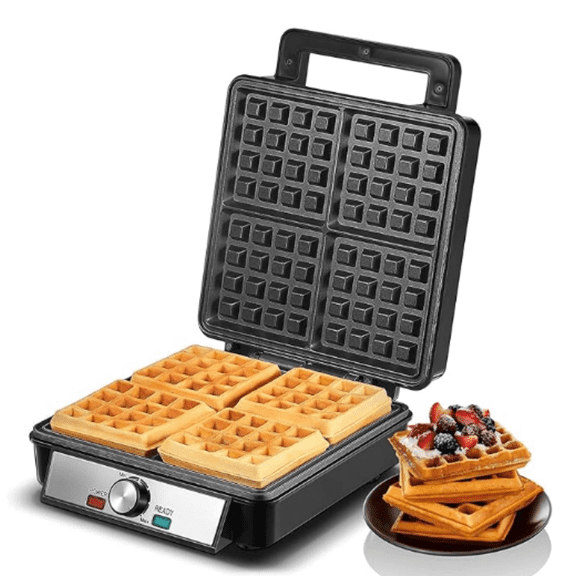1200W Belgian Waffle Maker 4-Slice, Stainless Steel, 5 Browning Levels, Non-Stick Surfaces, Silver/Black, FOHERE - Perfect for Family Breakfasts (Black)