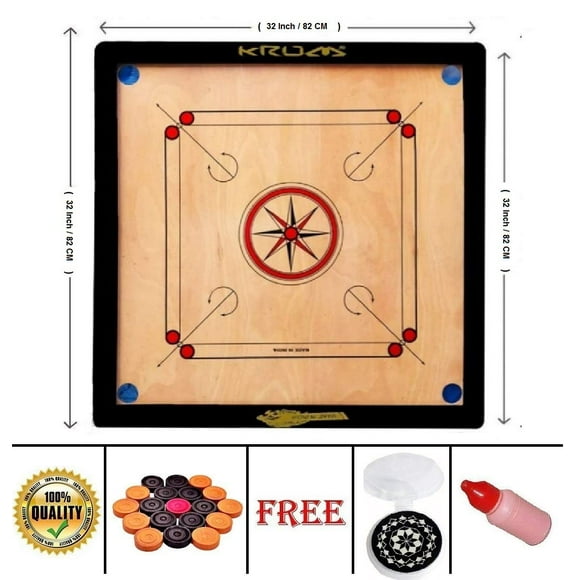 Krum Gloss Finish Large Size 32 Inches Round Pocket Carrom Board With Coins, Striker, And Powder (Recommended For Above 15 Year)