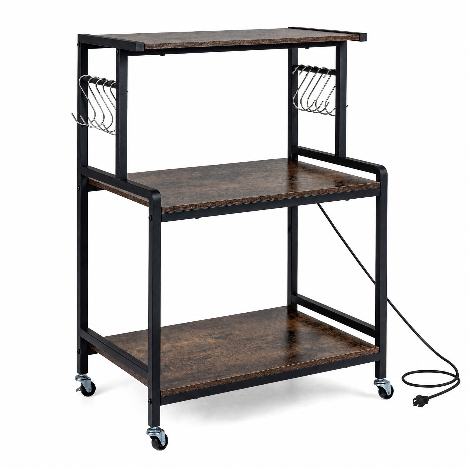Furnibear 3-Tier Rolling Microwave Cart with Power Outlet and Lockable Wheels and 10 Hooks for Kitchen Dining Home Rolling Utility, Rustic Brown