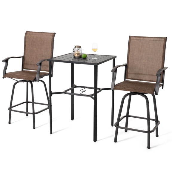 Nuu Garden 3-Piece Outdoor Swivel Bar Set, All Weather Patio High Bar Stool Bistro Set with 2 Textilene Height Back Bar Chairs and Slatted Metal 28" Bar Table with Umbrella Hole, Black and Brown