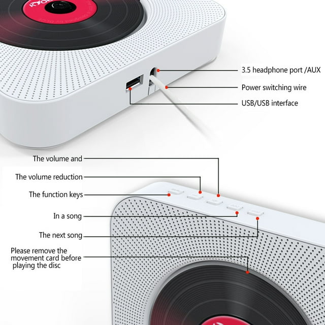 Maoww Lecteur CD Mural Bluetooth 4.2 avec Télécommande Plastique ABS Blanc
