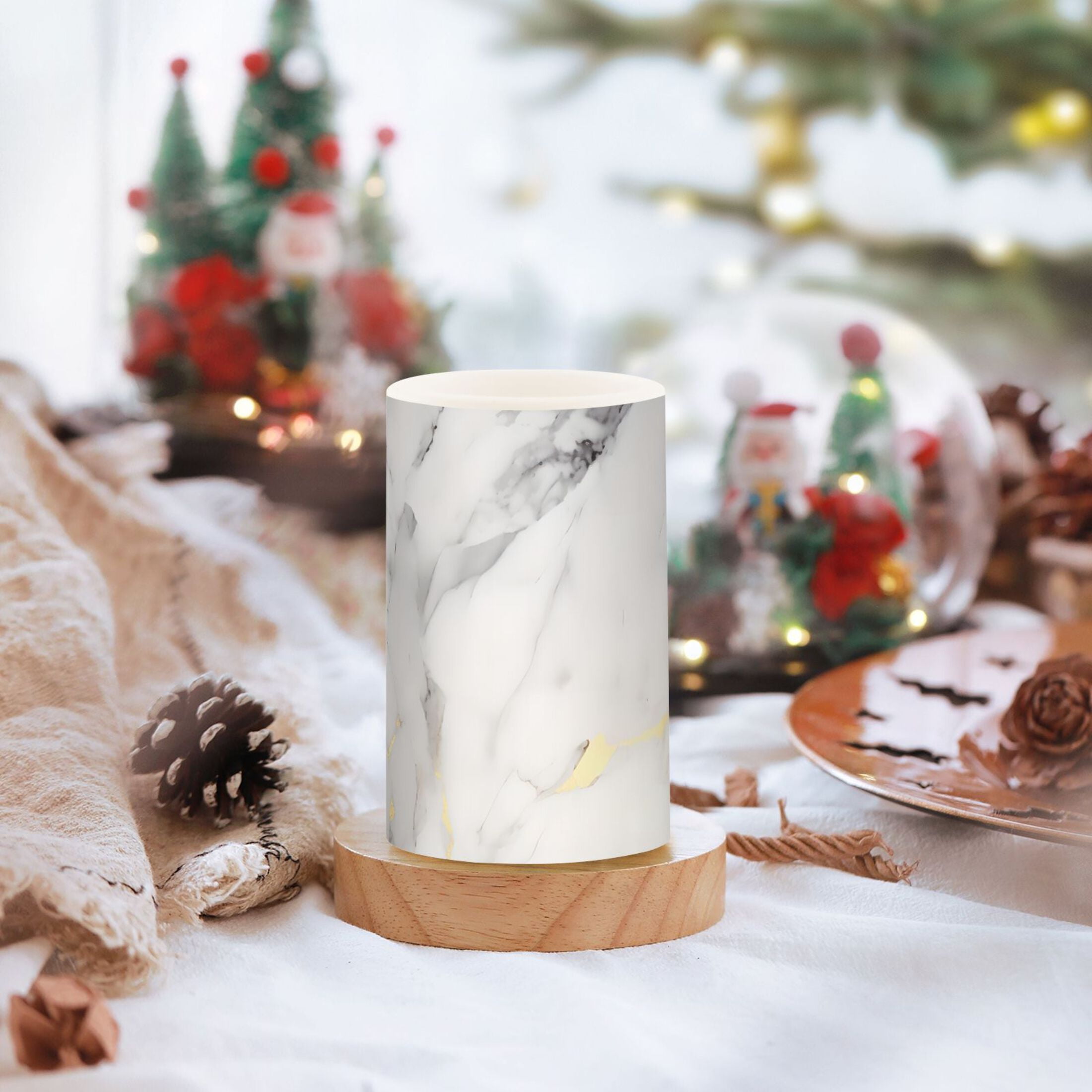 Grey White Marble Flameless Candles with Remote Timer LED Battery Operated Flickering Candle Light for Festival Wedding Home Party