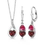 Gem Stone King 925 Sterling Silver Red Garnet and Red Created Ruby Pendant Earrings Set For Women (4.16 Cttw, Gemstone January Birthstone, with 18 inch Chain)