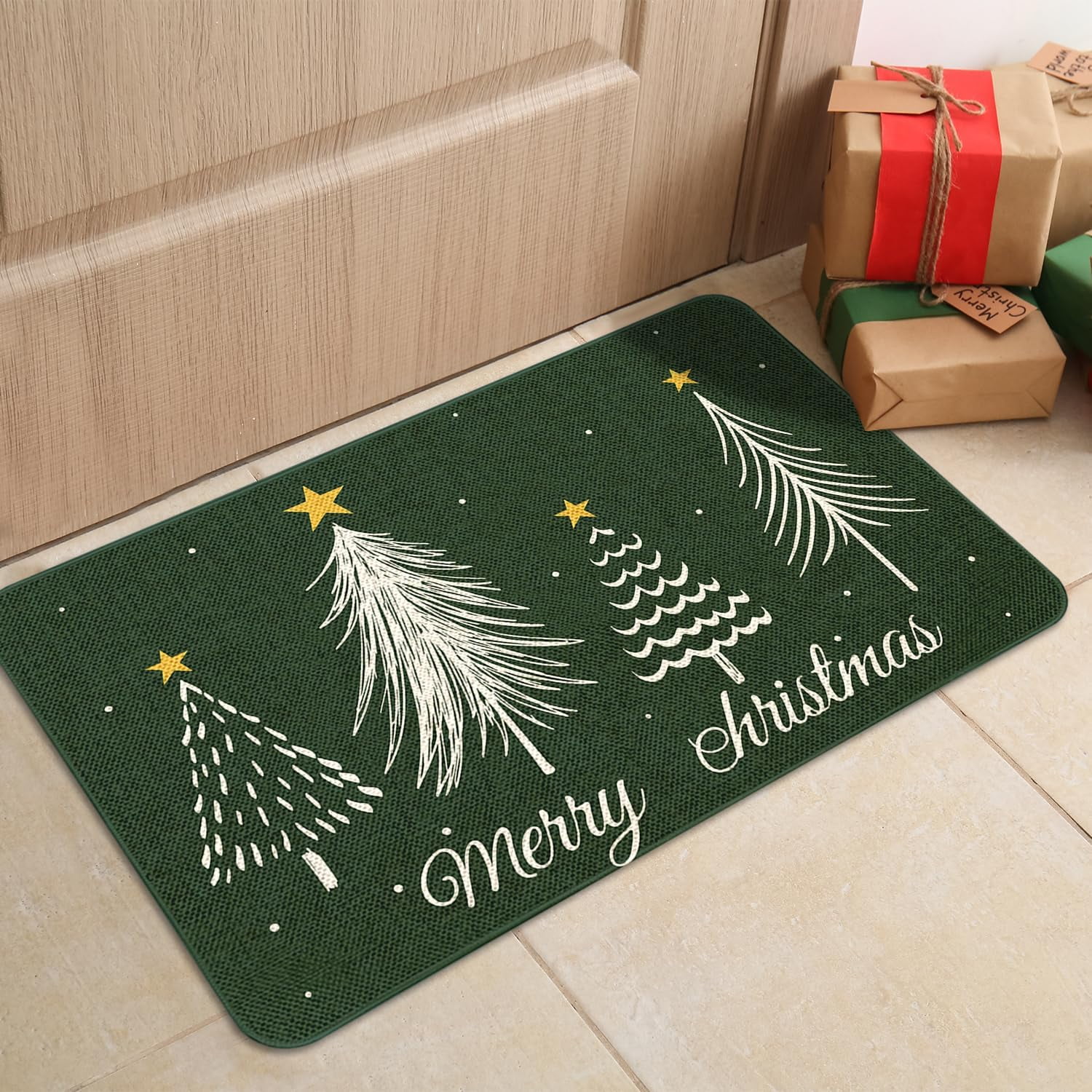Christmas Door Mat 17x29 Inch Winter Doormat Decorative Outdoor Green Christmas Terr Decoration Indoor Outdoor Entrance Floor mat, Non Slip Welcome Party Decor