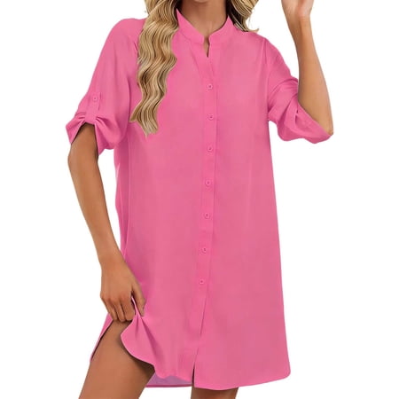 DGMIOCS Women s Button-Down Shirt Dress With Long Sleeves Effortless Daywear Flowy Tunic for Everyday Outings Spring Summer Comfort Hot Pink XL