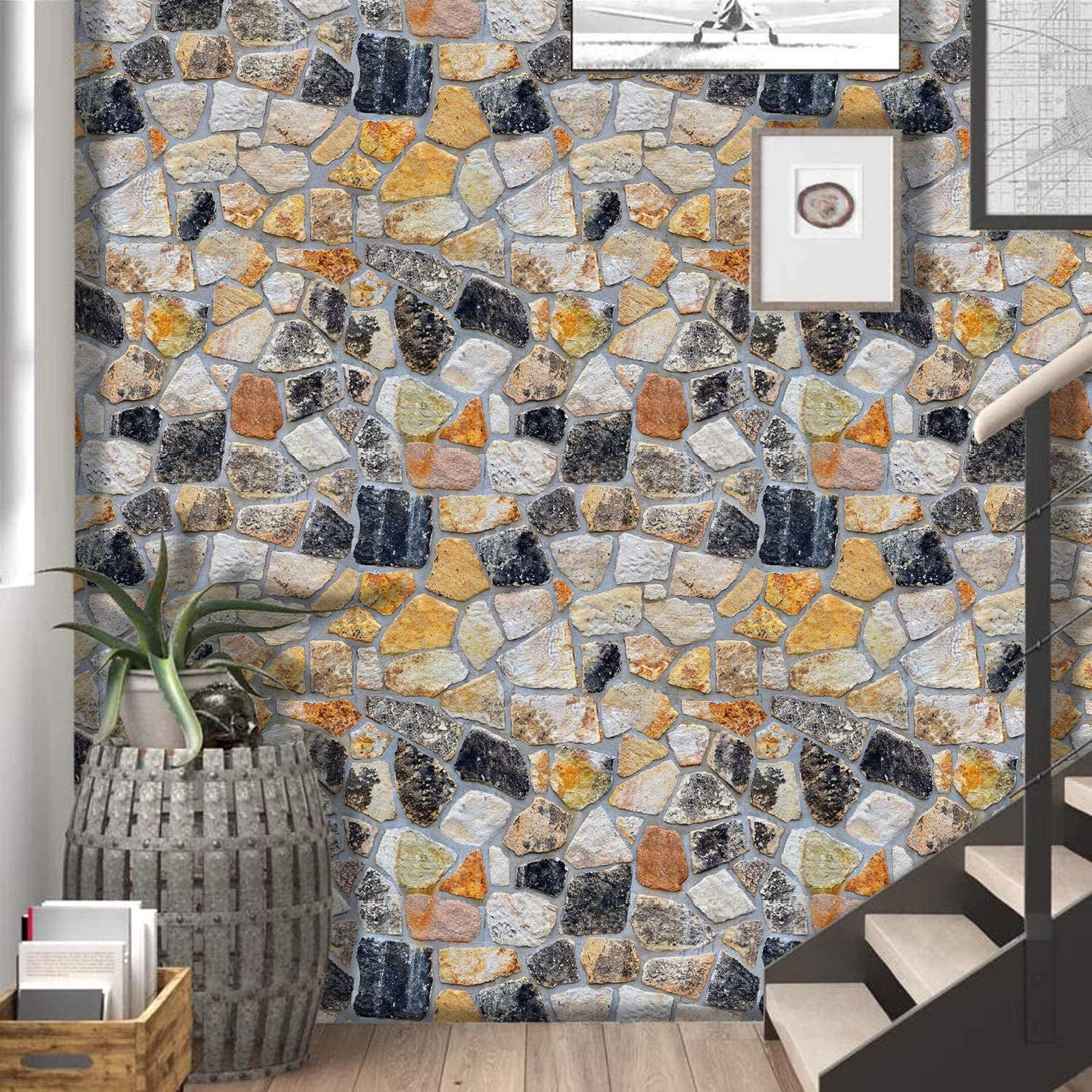 Stone Wallpaper, 3D Effect Blocks Yellow Black Multi Color Brick Peel and Stick Wallpaper, 17.7" x 393"