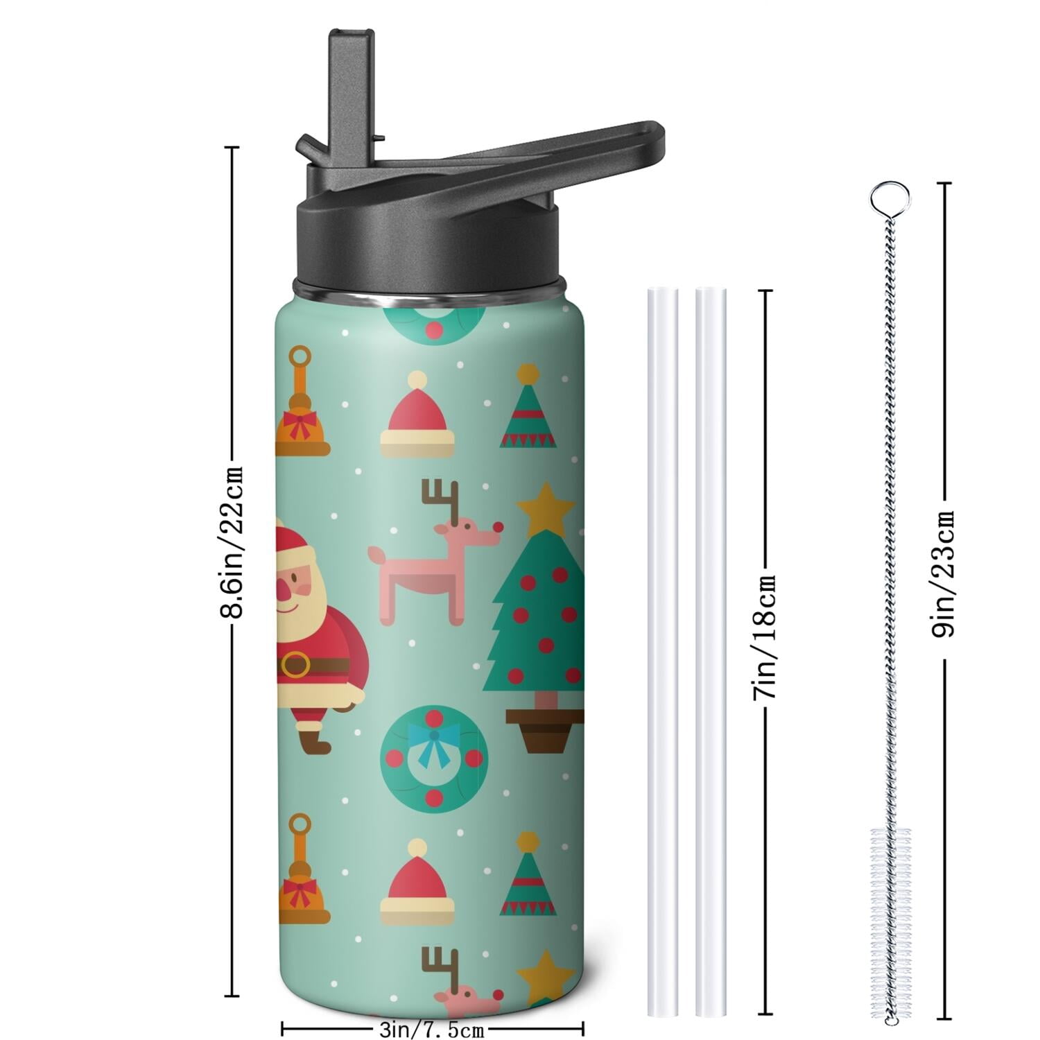 Christmas 18 oz Insulated Stainless Steel Water Bottle with Straw & Cleaning Brush , Leakproof, BPA-Free, 304 Stainless Steel, Wide Mouth, Travel Mug for Car, Gym, Office