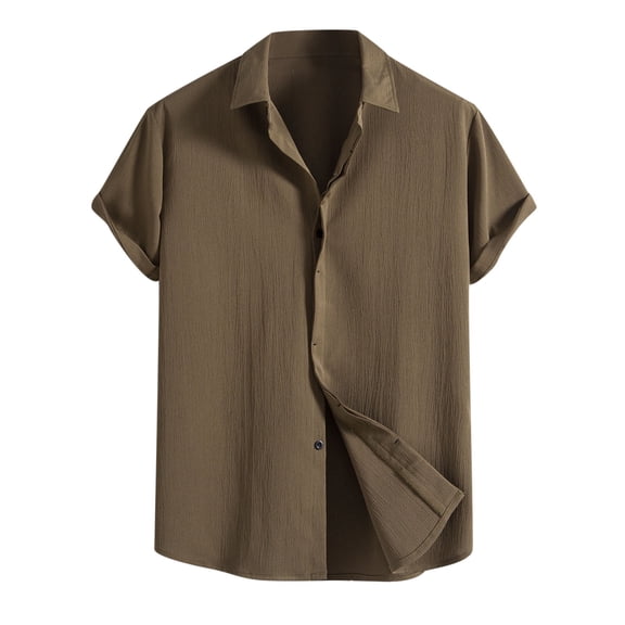 WREESH Men's Summer Casual Cotton Linen Solid Turndown Short Sleeve Button Up Shirt Hawaii Shirt Olive Green