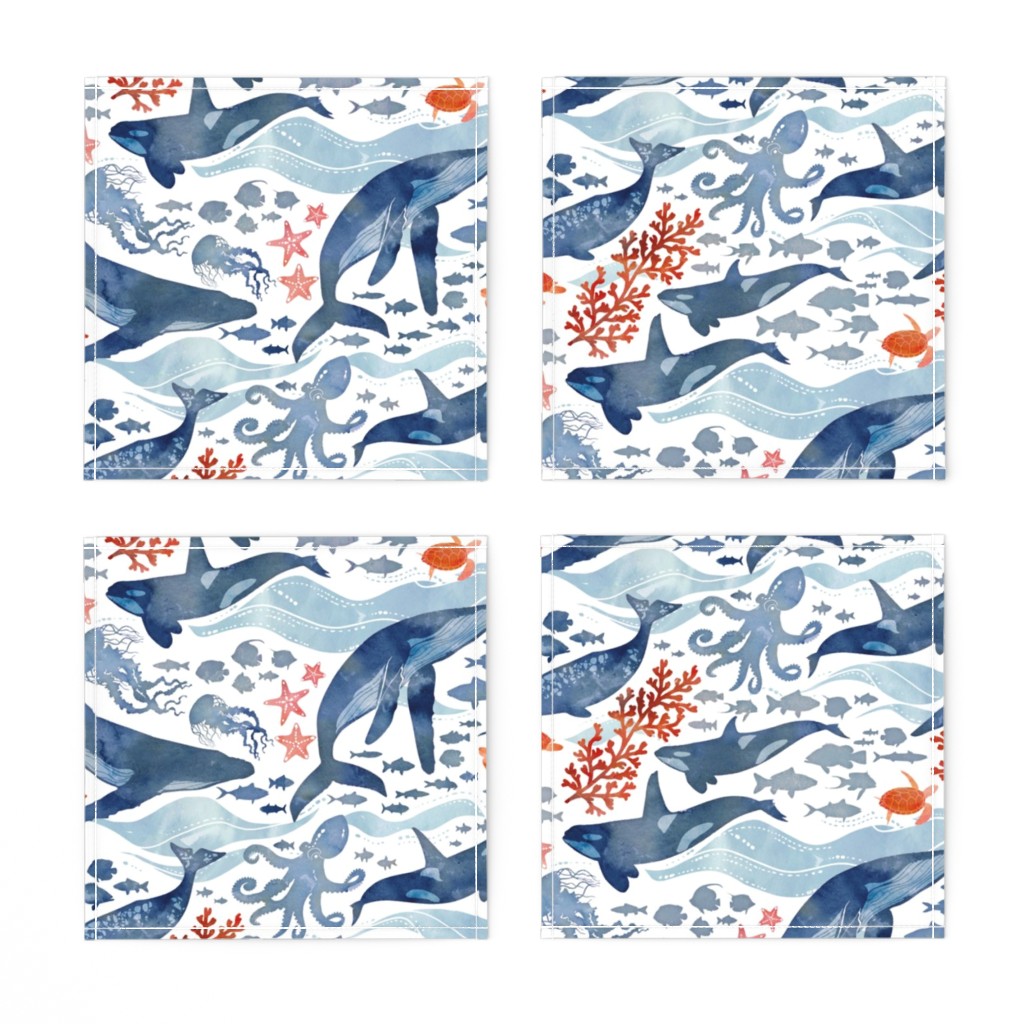 Linen Cotton Canvas Cocktail Napkins (Set of 4) Ocean Life Animals