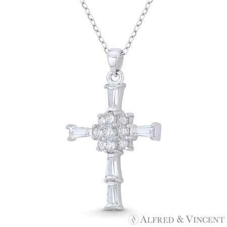 Rosicrucian Rose Cross Cubic Zirconia CZ Crystal Pave 36x22mm (1.4x0.9in) Christian Pendant in .925 Sterling Silver w/ Rhodium