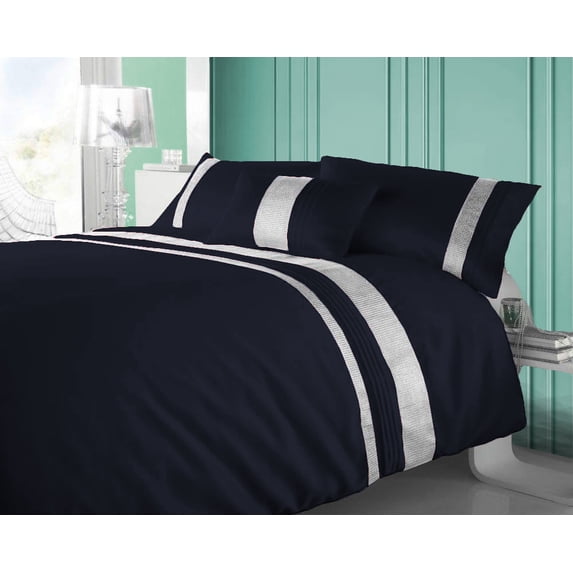 BedDecor 100% Egyptian Cotton 600 TC 3PCS Silver Lining Duvet Set + 1PC Cushion Cover (Navy Blue, Twin/Twin XL)