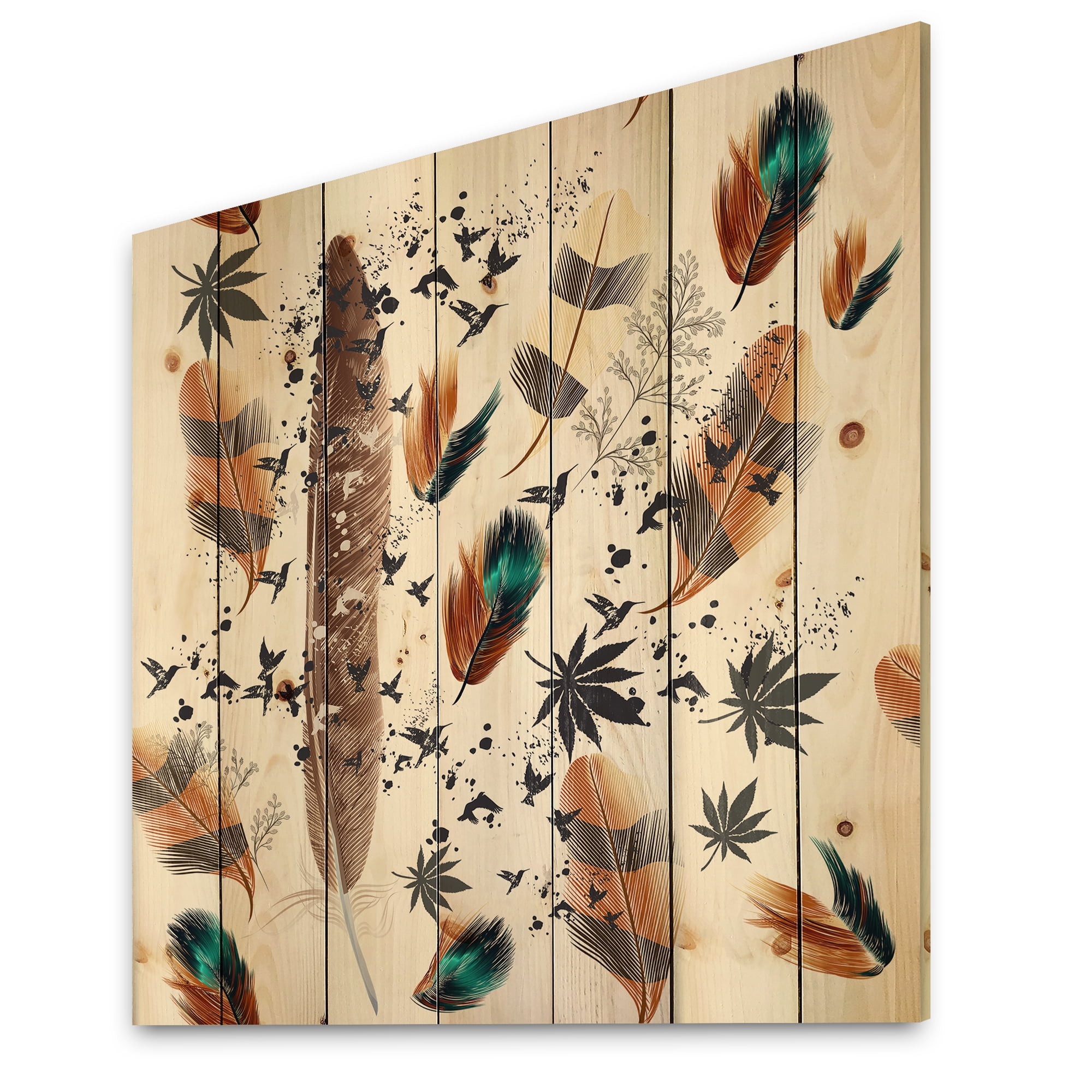Designart 'Multicolored Feather Pattern With Floral' Bohemian & Eclectic Print on Natural Pine Wood