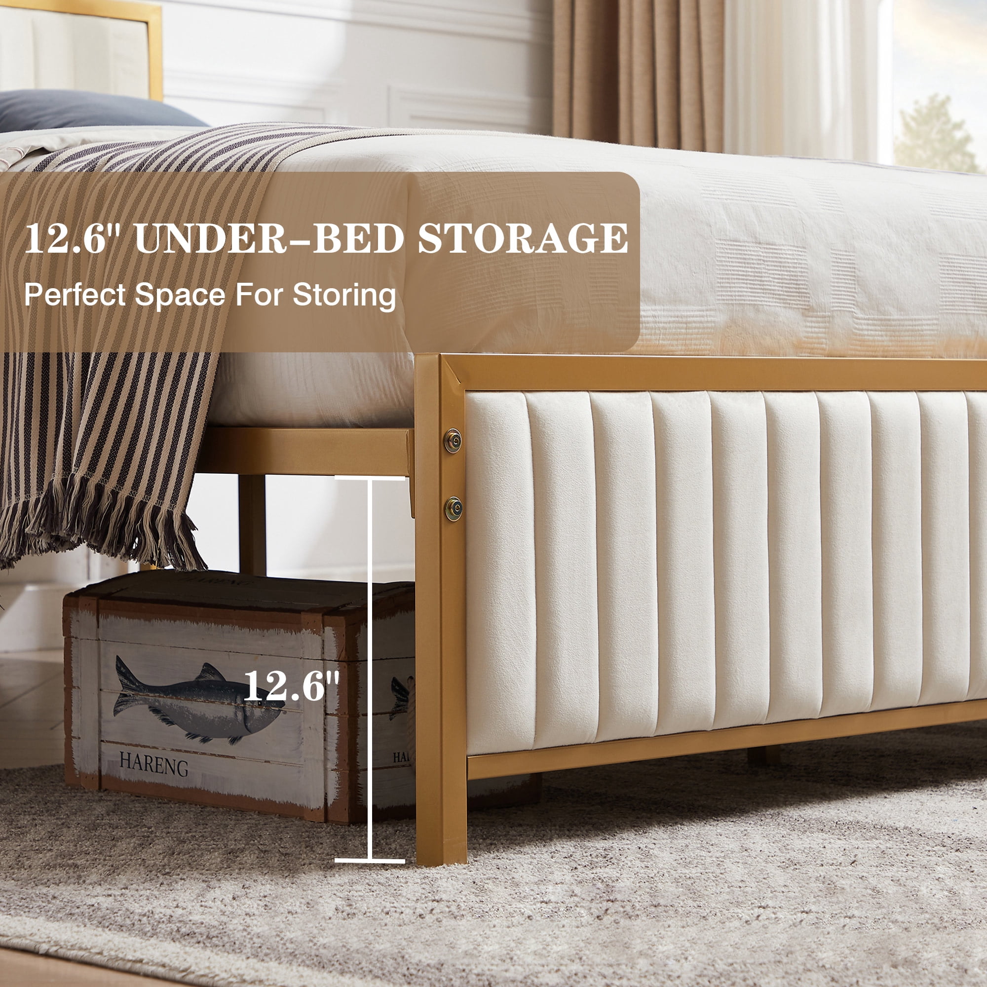 VECELO Queen Size Metal Platform Bed Frame, Modern Upholstered Bed Frame with Velvet Tufted Headboard and Footboard, No Box Spring Needed, Gold & Beige