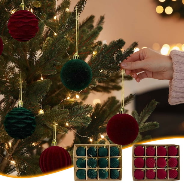Adorno Navideño de Terciopelo Oscuro Flocado de 6 Cm para Árbol de Navidad, 12 Unidades