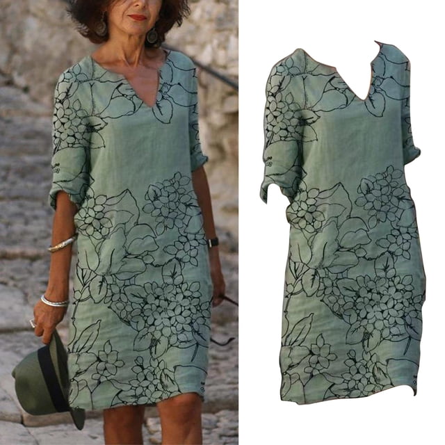 WILLBEST Vestidos de Dama Vestido de Cuello En V de Manga Larga Estampado de Longitud Media de Talla Grande de Moda para Mujer Extra Grande