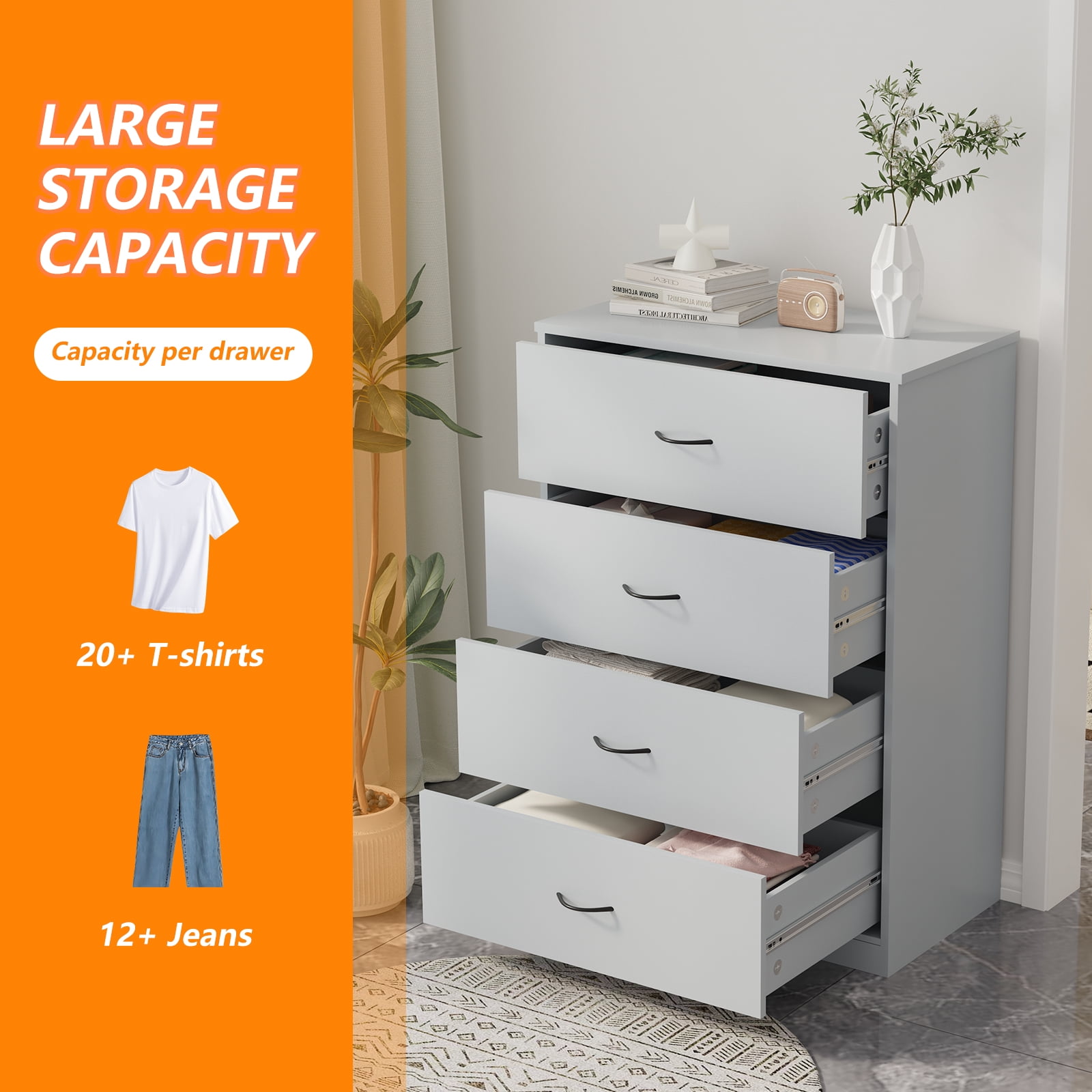 SUGIFT  4 Drawer Dresser, Modern Storage Cabinet for Bedroom, Chest of Drawers Wood Organizer for Living Room, Gray