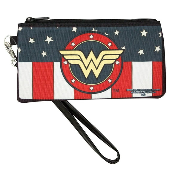 DC Comics Wallet, Zip Pouch, Wonder Woman Logo Americana Red White Blue Yellow, Canvas