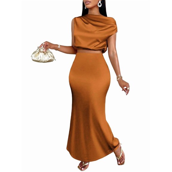 One Shoulder Satin Dress Formal Dress for Women Light Brown S
