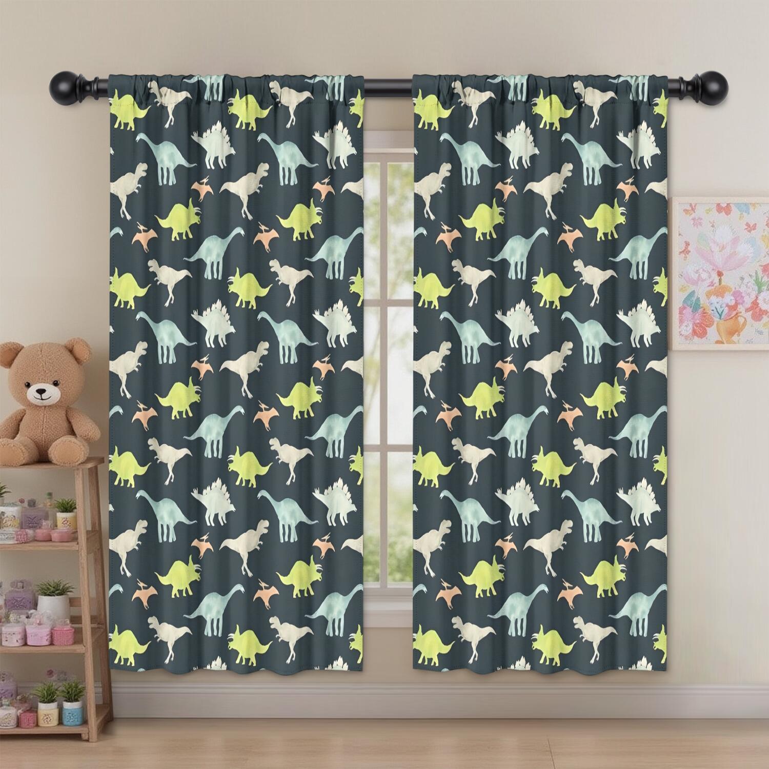 Blackout Kids Curtains,Dark Watercolor Dinosaur Pattern Childrens Insulated Curtains Set Of 2,Bedroom Essentials,Toddler Room Decor 52"x63"