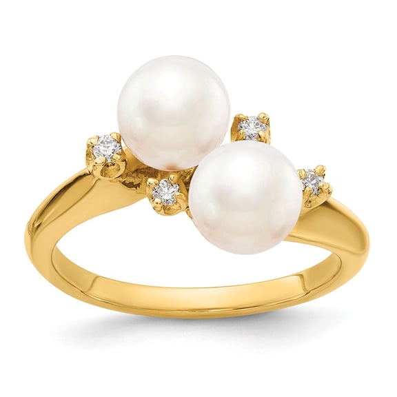 14K Yellow Gold Ring Band Pearl Diamond Round Freshwater White