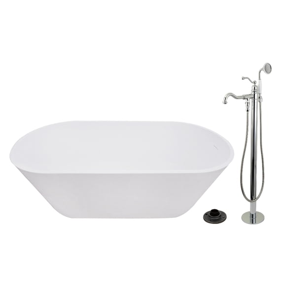 Kingston Brass KRTRS6731131AL 67-Inch Solid Surface Oval Double Ended Freestanding Tub with Faucet Combo and Drain in Polished Chrome