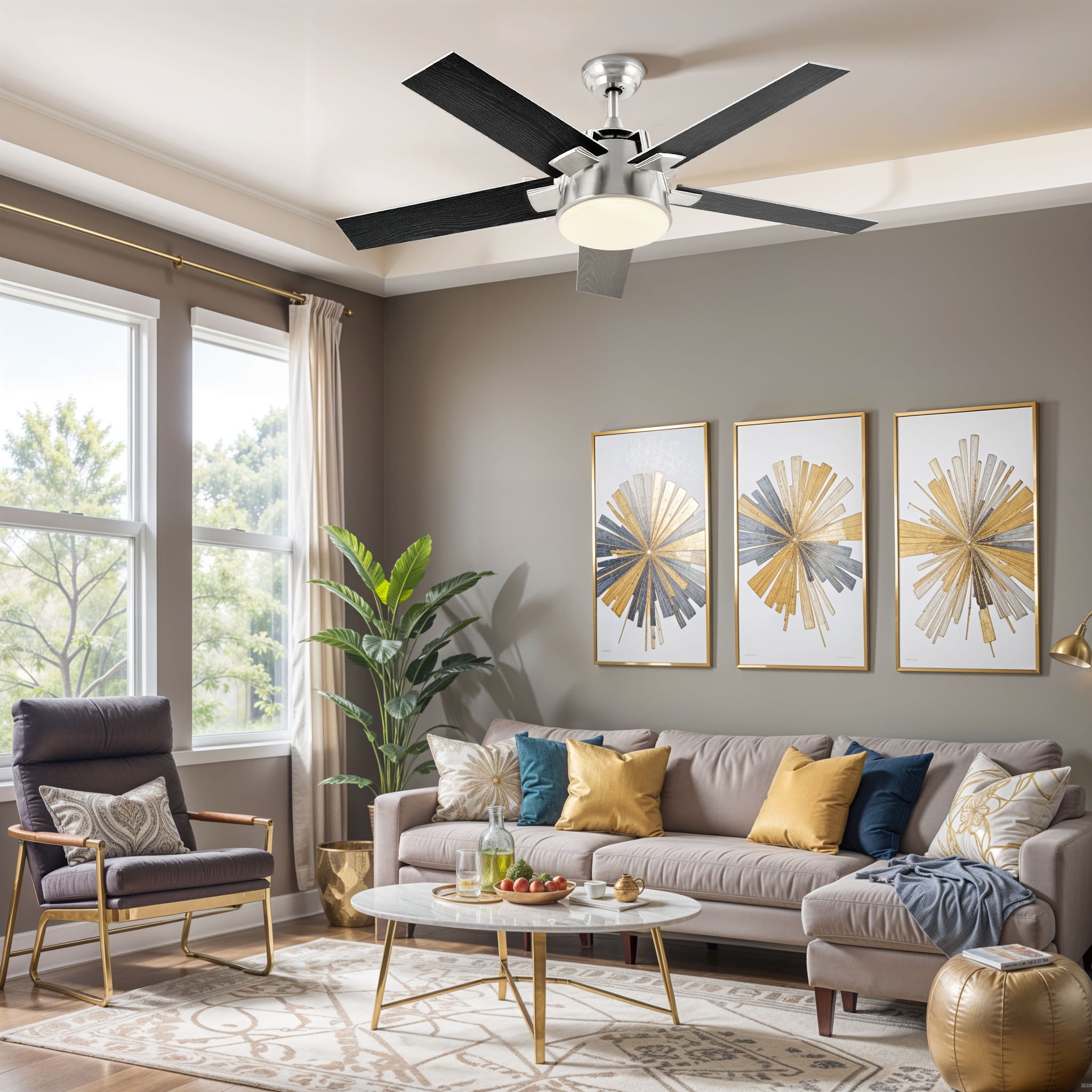 ModFusion 52in Modern Black & Silver Ceiling Fan, 6 Speeds, Quiet Air Reversible Motor, Dimmable LED