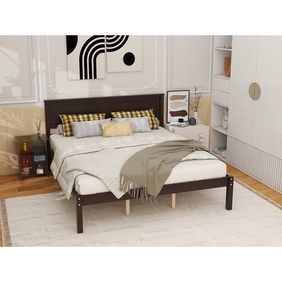 Platform Bed Frame with Headboard, Wood Slat Support, No Box Spring Needed, Queen,Espresso