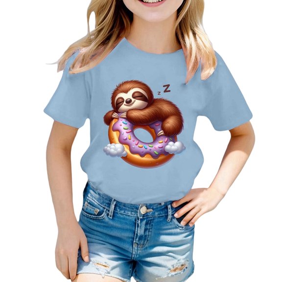YUEHUA Sch ool Shirts for Girls Purple Girls Summer Sloth Print Short Sleeve T Shirt Casual Loose Fit Round Neck Tee for Kids Toddler Youth Comfortable Daily Wear Top, Size 3-4 Years