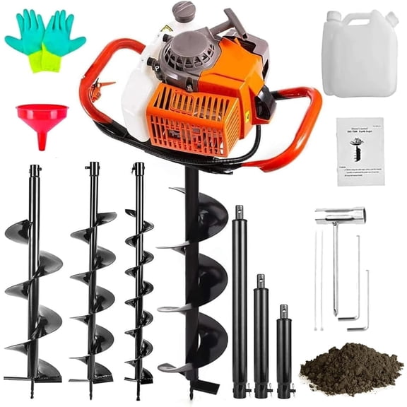 PRIJESSE 72cc Post Hole Digger 2-Stroke Petrol Gas Powered Earth Digger with 3 Extension Rods（8" 12" & 20"）   3 Auger Drill Bits (4" 6" & 8") for Farm Garden Plant