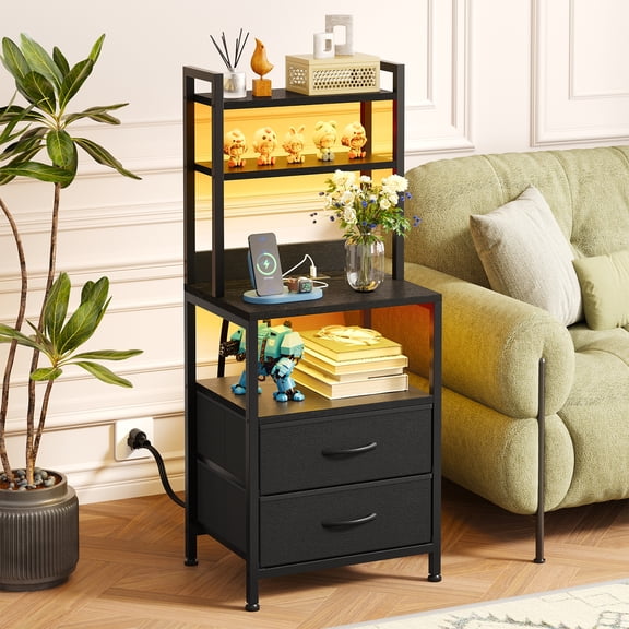 Tomnk Nightstand with 15.7-Inch Shelves, Fabric Side Table with 2 Drawers, Charging Station & LED Lights for Bedroom Living Room, Black
