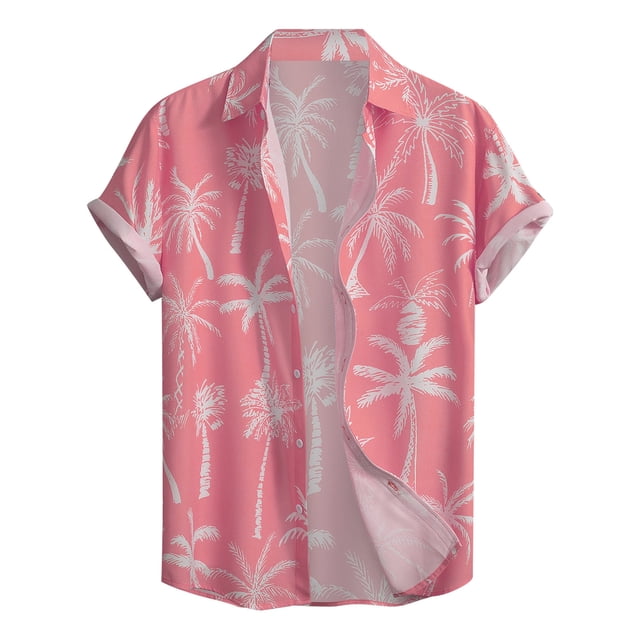 Camisas Casuales Para Hombre Camisa abotonada de manga corta con estampado digital de solapa suelta para hombres casuales Top de verano hawaiano de playa (Pink, L)