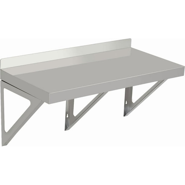 Estante de Pared de Acero Inoxidable de 24 Pulgadas, Montaje Comercial con Respaldo y 2 Soportes Para Cocina, Garaje, Lavandería