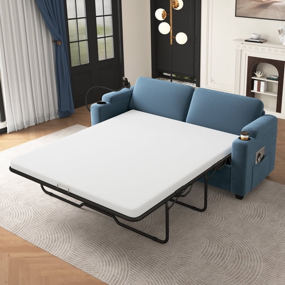 Harper & Bright Designs Corduroy Sleeper Sofa with Full Size Mattress, Convertible Pull-Out Sofa Bed with USB Ports and Cup Holders & Phone Holder for Small Spaces Apartments, 72.8" Navy Blue