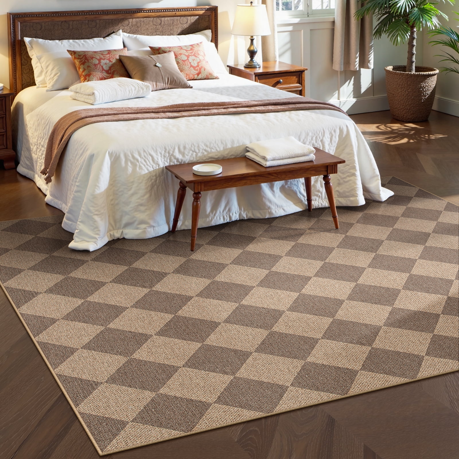 SUNDEREY 6'x9' Easy Jute Area Rugs for Living Room, Large Washable Bedroom Rug Non Slip, Diamond Indoor Outdoor Carpet, Modern Geometric Farmhouse Checkered Carpet for Dining Room Office,Khaki