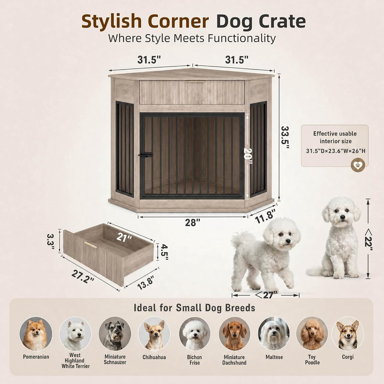44.6" Corner MDF Dog Crate Furniture, Dog Kennel End Table with Fluted Drawer Storage, Grey Oak for Small/Medium Dogs Indoor