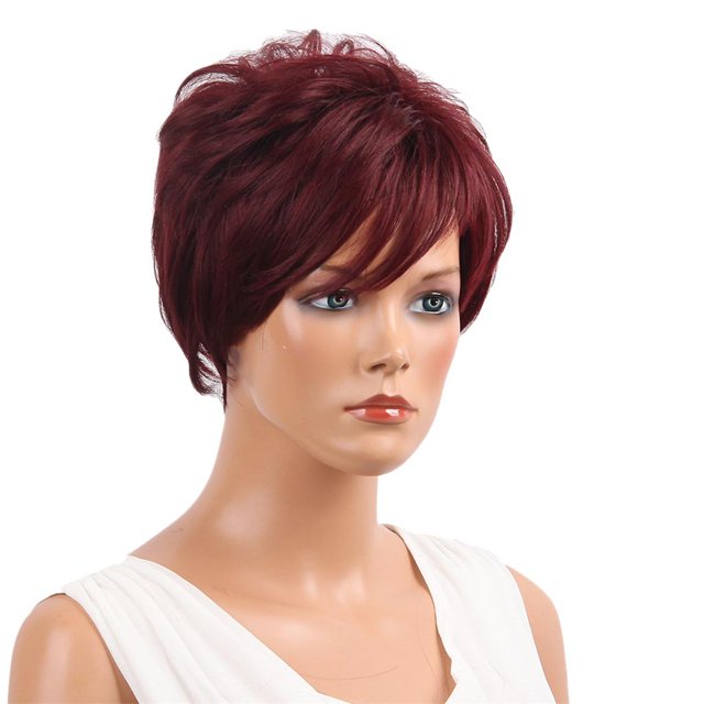 Peluca corta natural Yuyangstore Pelucas llenas rojo vino Cosplay 11 pulgadas