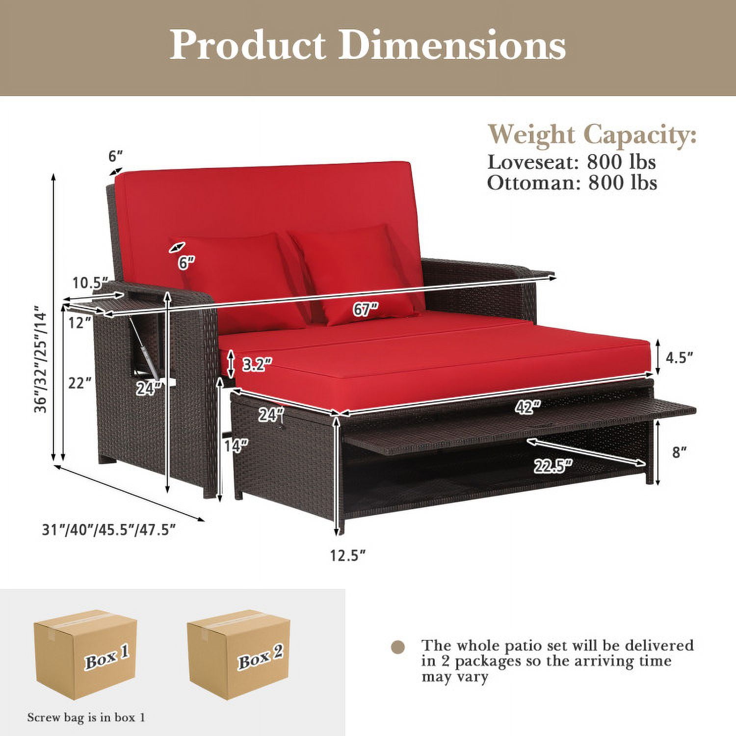 Aimee Lii Patio Rattan Daybed with 4-Level Adjustable Backrest and Retractable Side Tray, Outdoor Patio Set, Red Aimee Lii Patio Rattan Daybed with 4-Level Adjustable Backrest and Retractable Side Tray, Outdoor Patio Set, Red