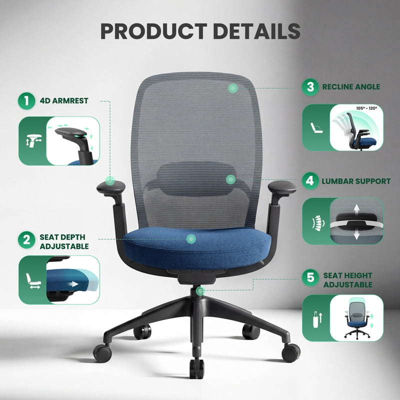 COLAMY Aether Ergonomic Mesh Office Chair, One-Touch Easy Adjust Managerial Desk Chair with Levitating Seat Cushion & Pilot-Level Sync Armrests, 300 LBS Mid Back Mesh Computer Chair, Blue