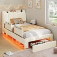 thumbnail image 3 of Twin Size Upholstered Bed with Storage Drawer and LED Light,Twin Bed Frame with Safety Guardrails and Chic Wavy Headboard,Velvet Princess Bed with Charging Station,Heavy Duty Metal Support,Beige, 3 of 9