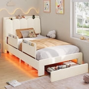 Twin Size Upholstered Bed with Storage Drawer and LED Light,Twin Bed Frame with Safety Guardrails and Chic Wavy Headboard,Velvet Princess Bed with Charging Station,Heavy Duty Metal Support,Beige