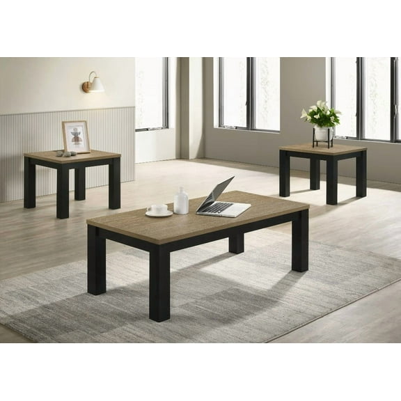 Brown Black 3-Piece Living Room Table Set with Wooden Top and Rectangular Coffee Table